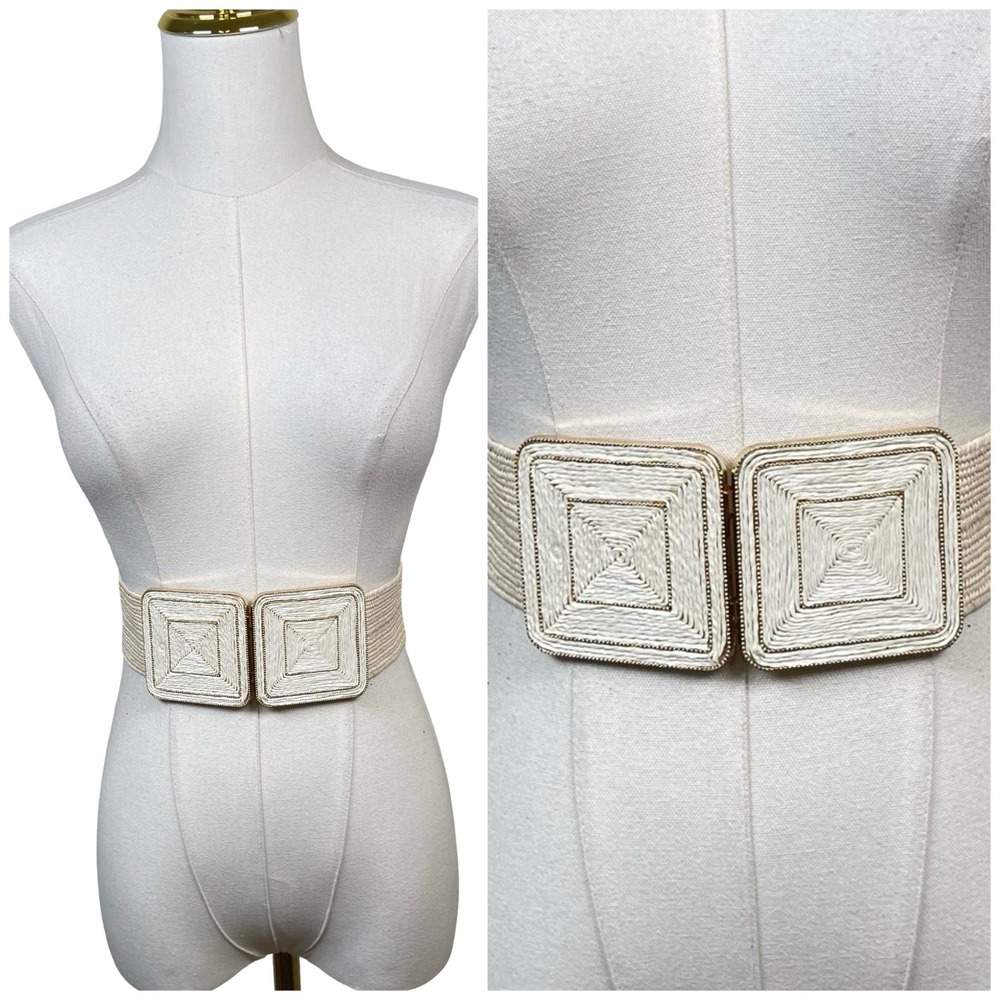 Vintage Woven Raffia Elastic Waist Belt Womens Cream Square Buckle Boho Coastal